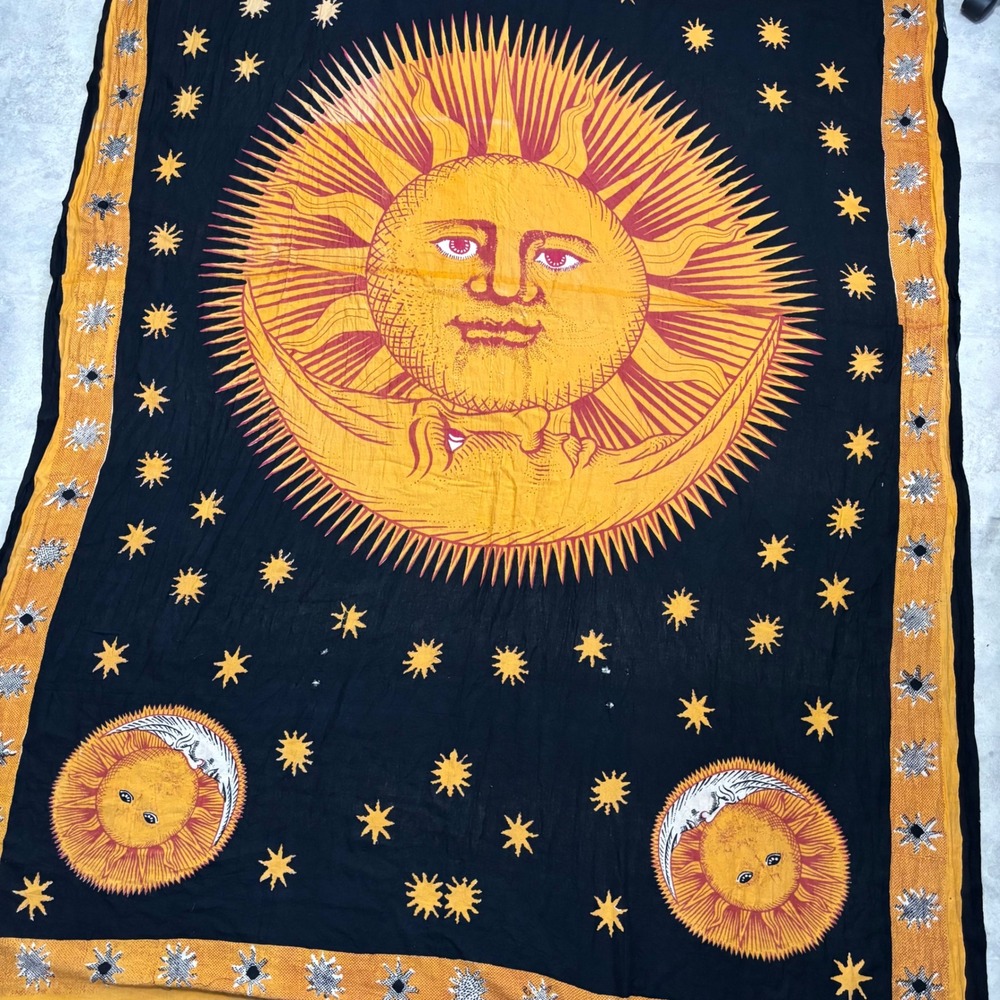 Sun Moon Tapestry Black Gold Boho 90s Grunge Celestial Wall Hanging India Decor